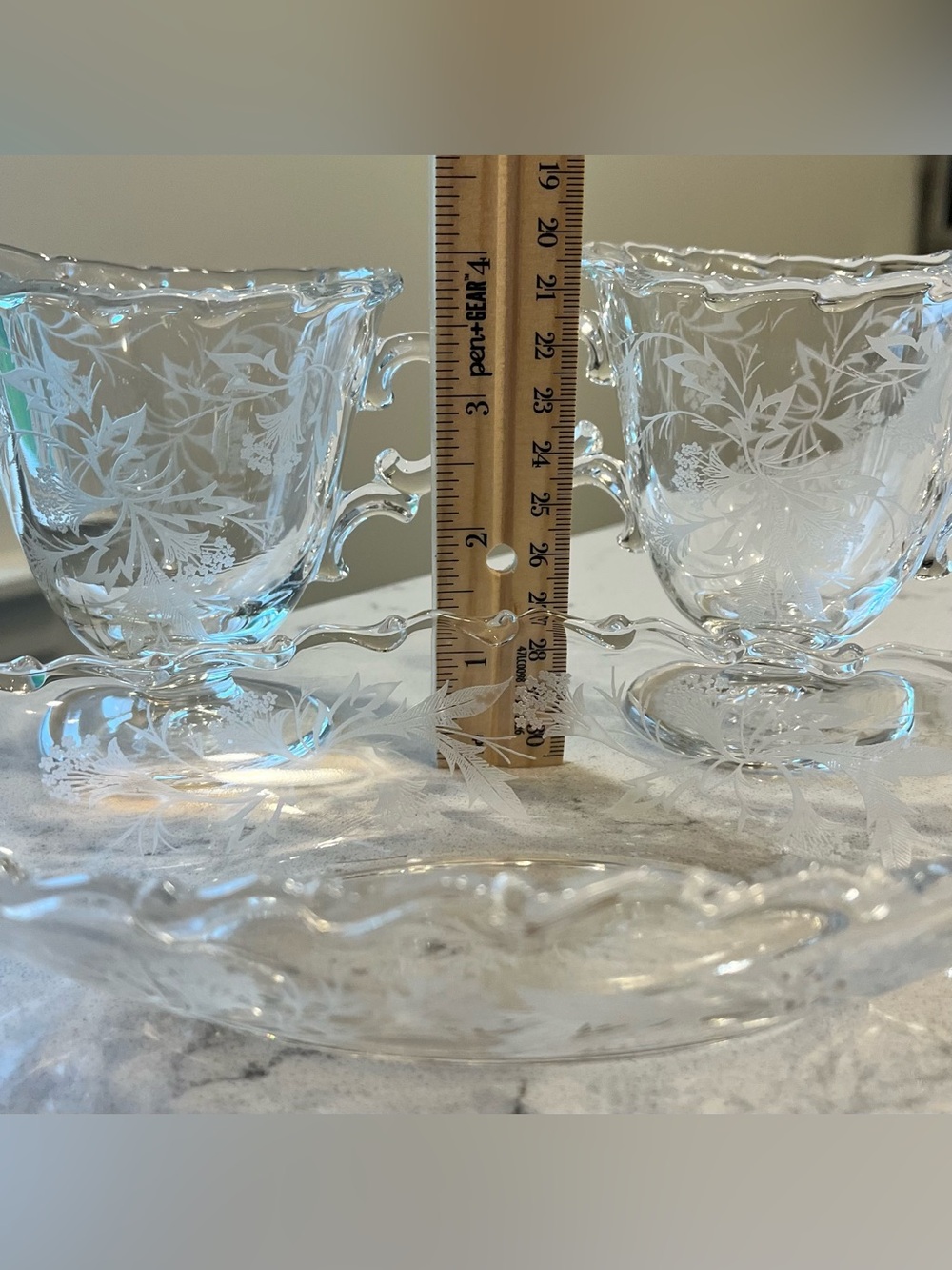 Vintage Fostoria Heather Etched Glass Creamer Sugar & Tray Set 3pc - Picture 4 of 5